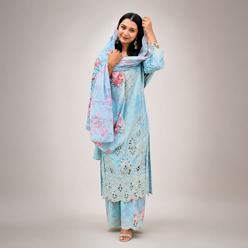 Sky Blue Floral Embroidered Kurta Palazzo Set with Dupatta