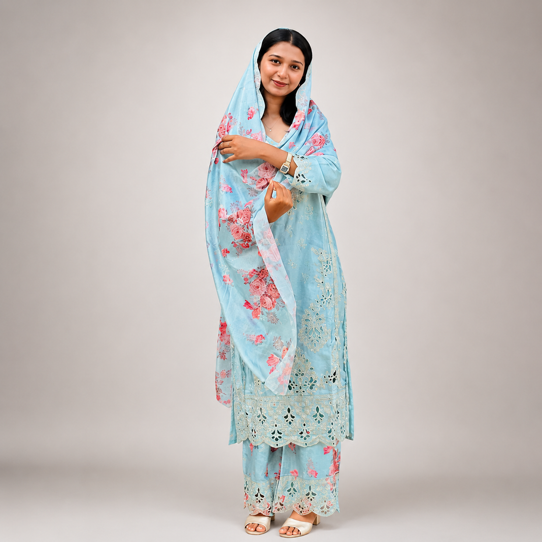 Sky Blue Floral Embroidered Kurta Palazzo Set with Dupatta